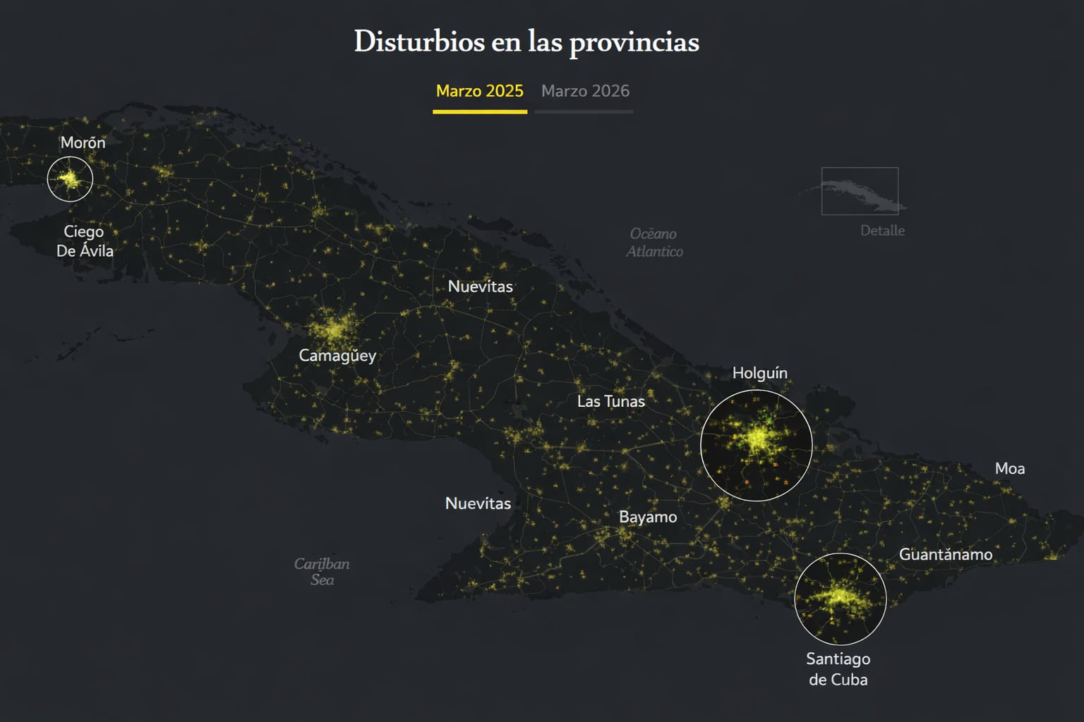 Este mapa satelital nocturno de Cuba muestra los focos de disturbios urbanos resaltados en Morón, Holguín y Santiago de Cuba, indicando la actividad en marzo de 2025. (Imagen Ilustrativa Infobae)