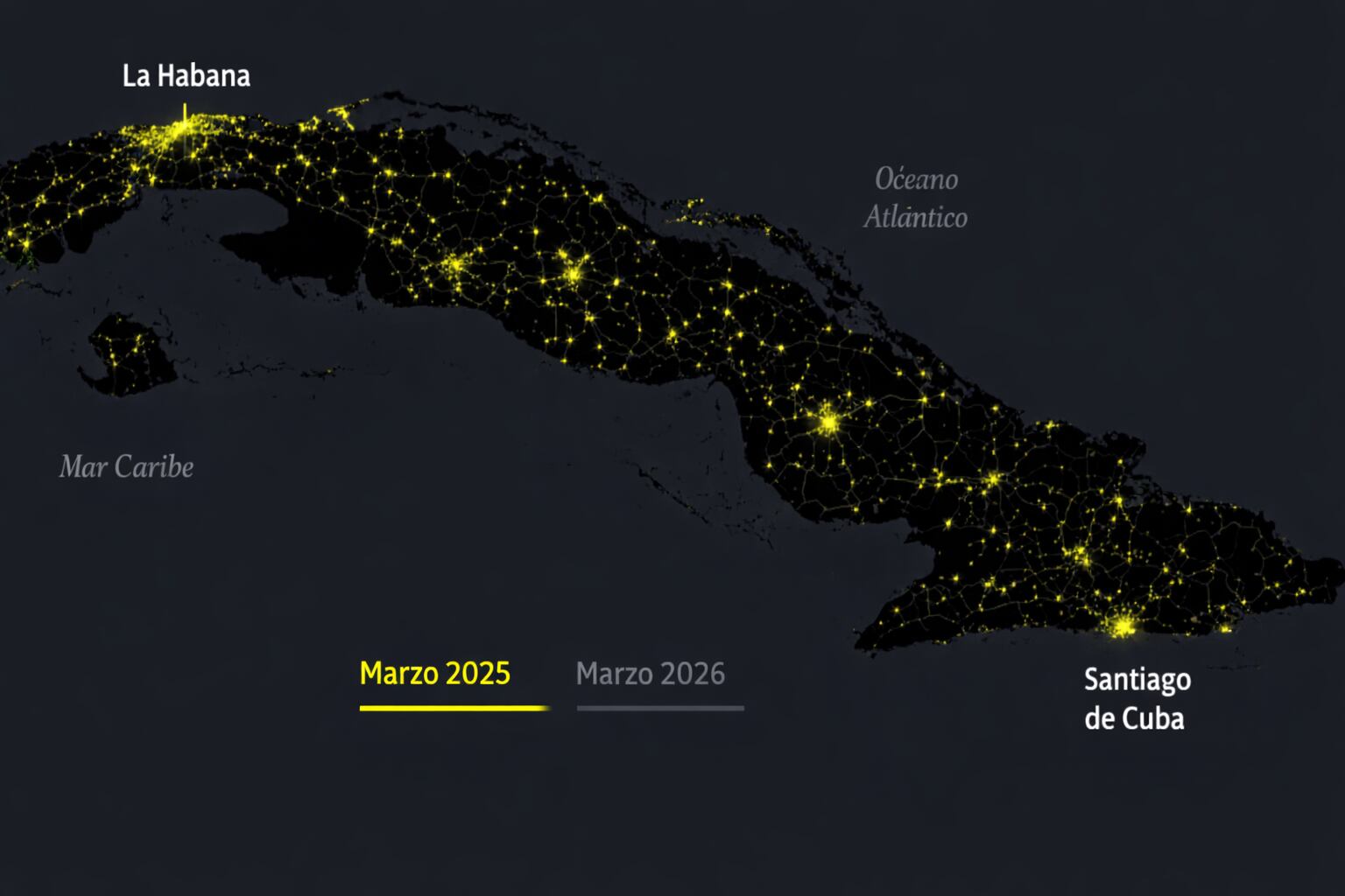 Este mapa de Cuba muestra los centros urbanos iluminados por la noche, destacando la densidad de población y la infraestructura de conectividad del país en marzo de 2025. (Imagen Ilustrativa Infobae)