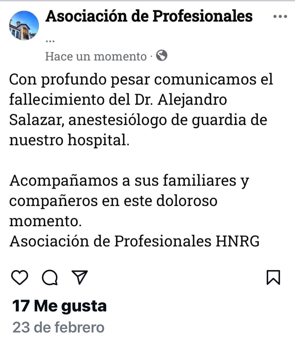 El mismo día que se realizó el posteo de los médicos del Hospital de Niños por la muerte de Alejandro Salazar, el Italiano hizo la denuncia