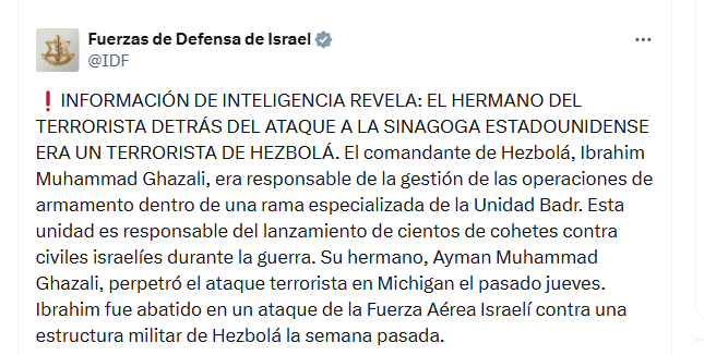 el mensaje publicado por las FDI en su cuenta de X