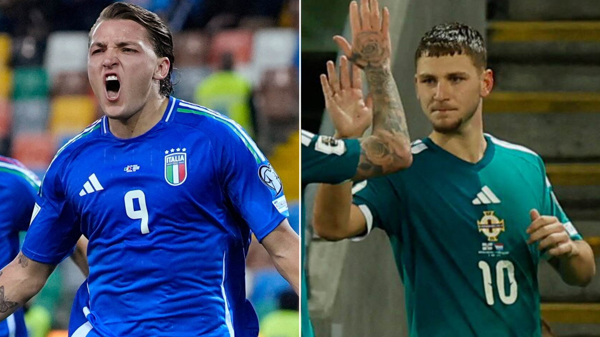 Dos jugadores, uno de Italia y otro de Irlanda del Norte, muestran su pasión y determinación durante un partido internacional de fútbol.