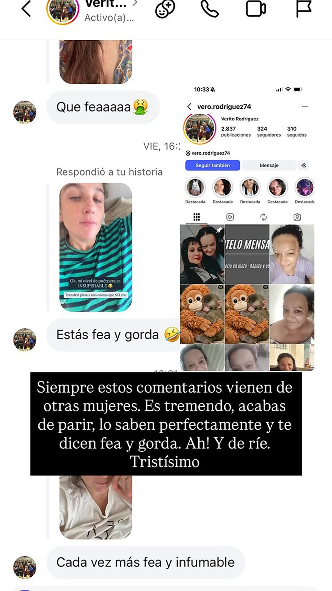 La actriz Juana Repetto expuso en Instagram los mensajes agresivos que recibió sobre su aspecto físico tras dar a luz