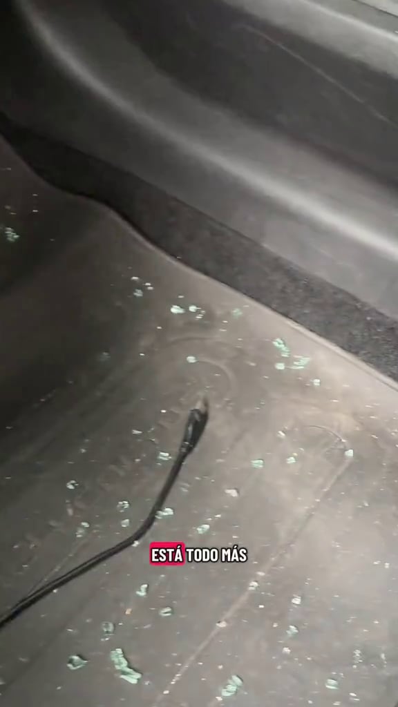 Los vidrios que quedaron en el auto de la ventanilla que los ladrones rompieron para robarle el celular al influencer