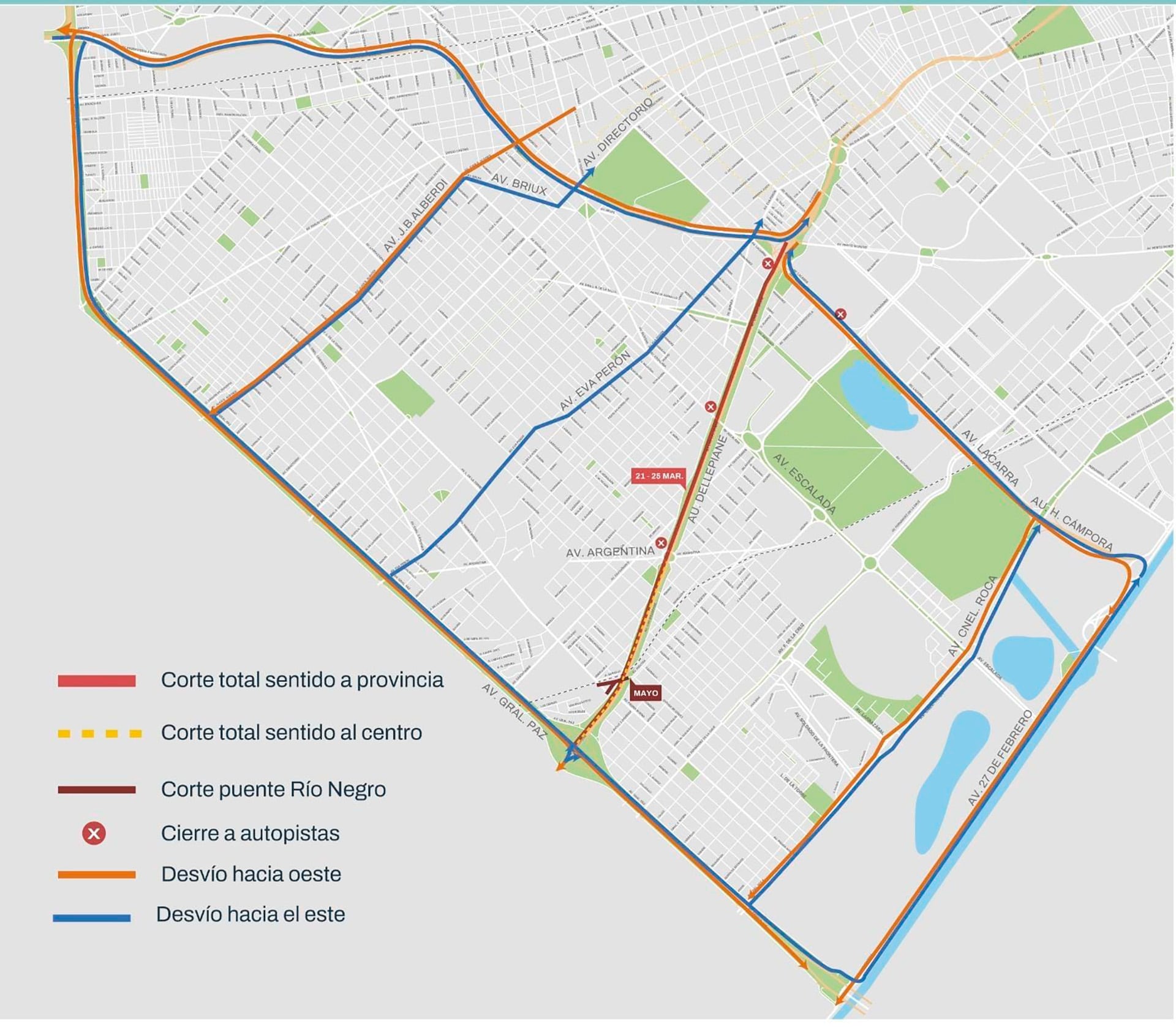 Los cortes vehiculares en la Autopista Dellepiane por las obras durante el fin de semana largo