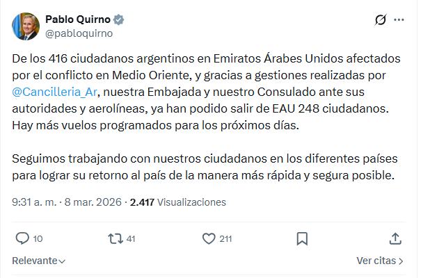 El canciller Pablo Quirno anunció que habrá más vuelos programados en los próximos días, en el marco del operativo de repatriación coordinado por la Cancillería