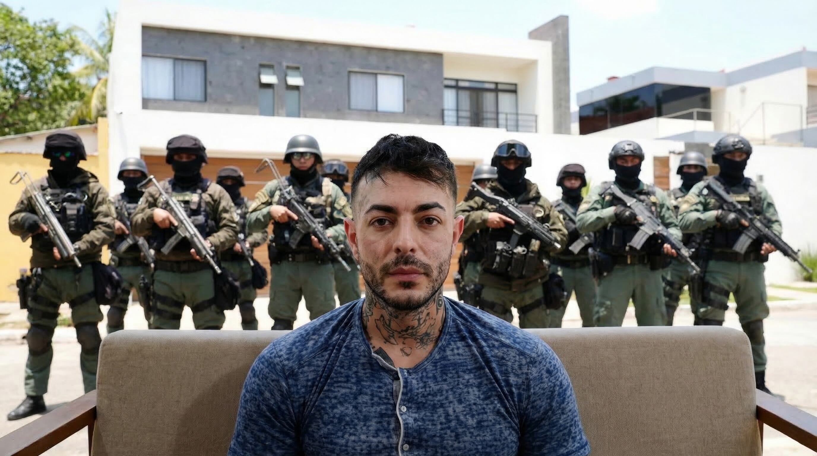 El narcotraficante Sebastián Marset aparece sentado en un sillón, custodiado por un grupo de militares fuertemente armados frente a una casa moderna
