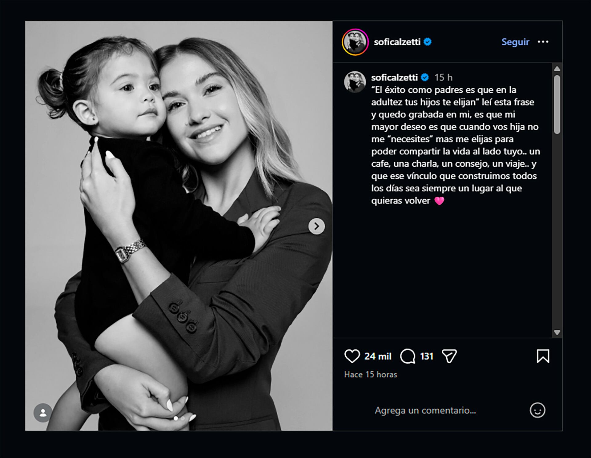 El mensaje de Calzetti pone en primer plano la importancia de construir una relación elegida más allá de la dependencia parental