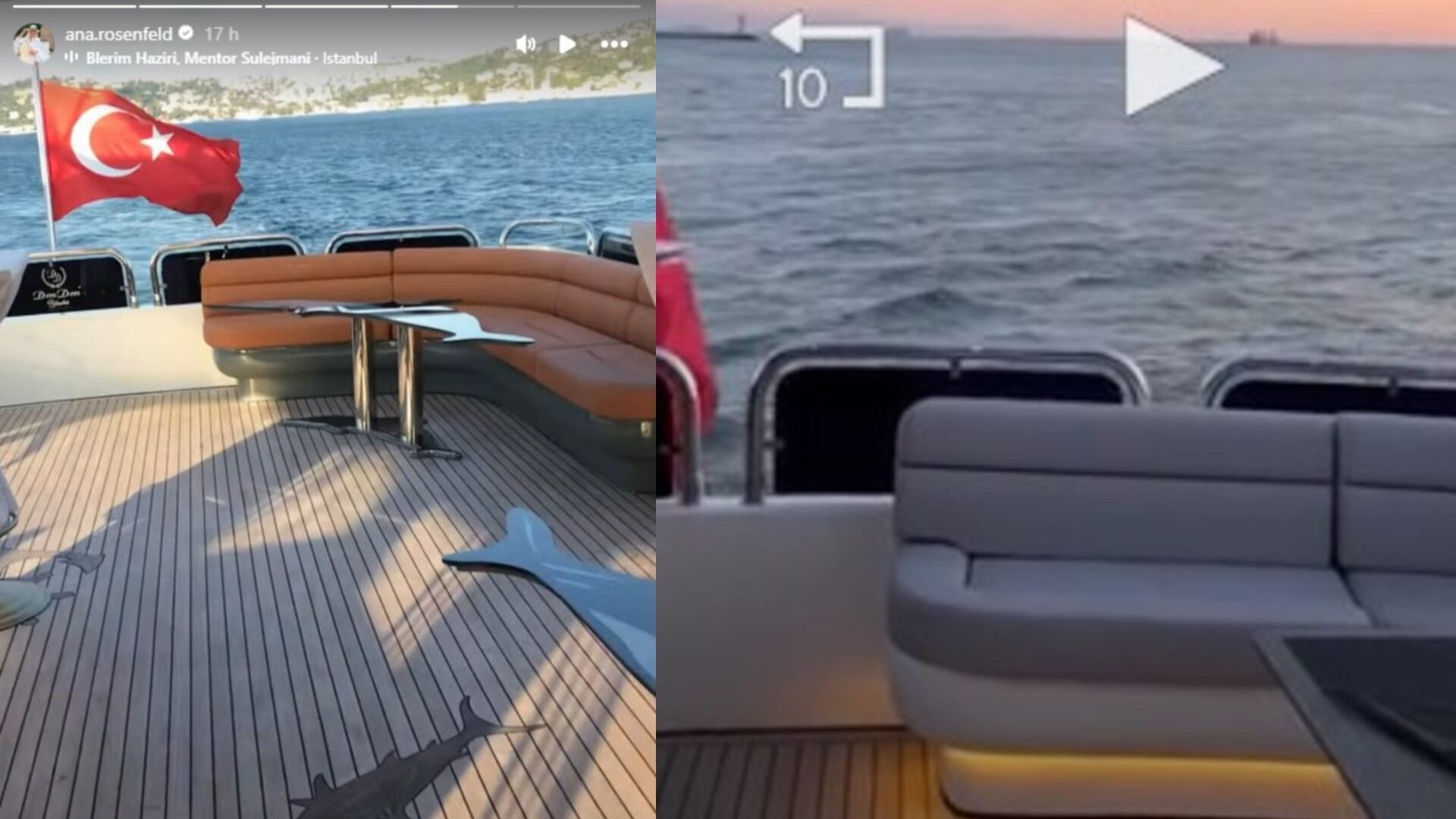 La similitud entre el yate que recordó en sus historias Ana Rosenfeld y el del festejo de la China Suárez con Mauro Icardi, ambos en Turquía (Instagram)