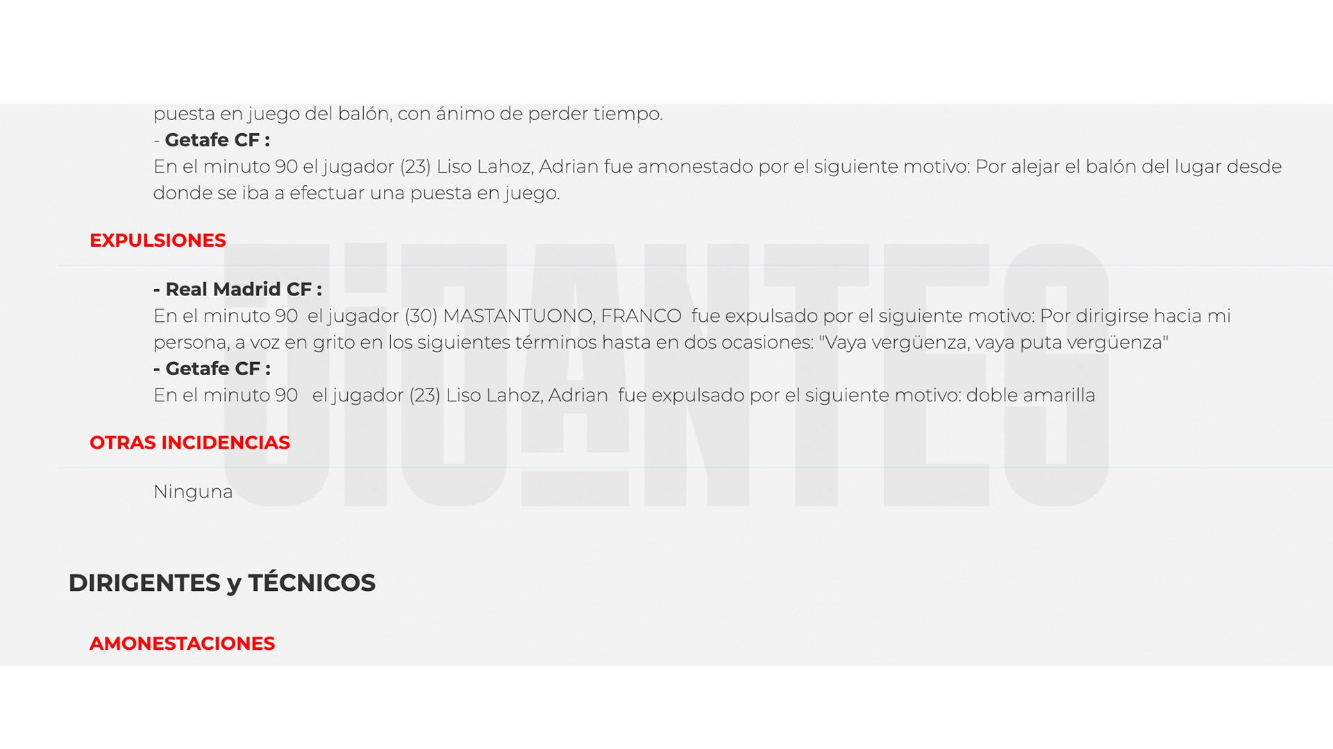 El acta del árbitro Muñiz Ruiz por el insulto de Mastantuono (Crédito: @JijantesFC)