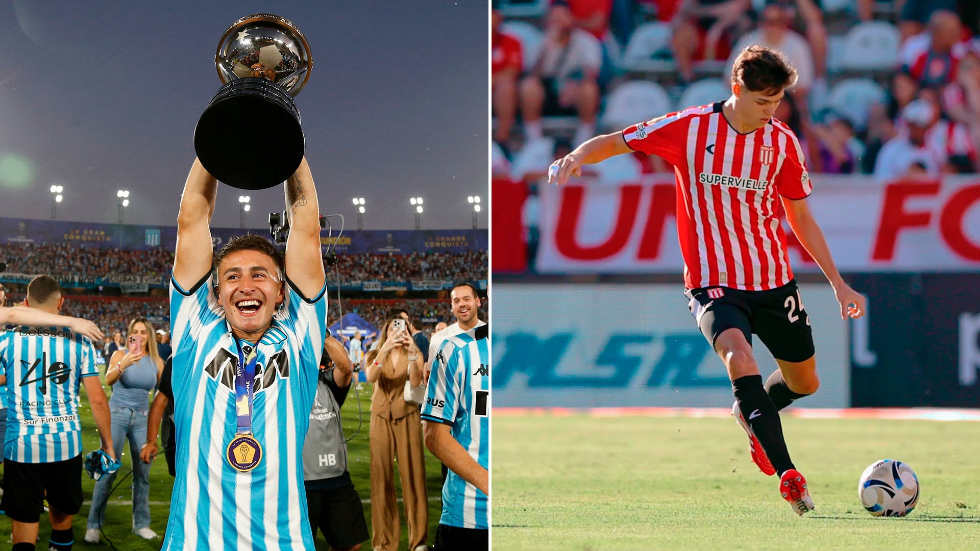Gabriel Rojas levanta el trofeo de la Copa Sudamericana con Racing, mientras Tomás Palacios controla la pelota con la camiseta de Estudiantes