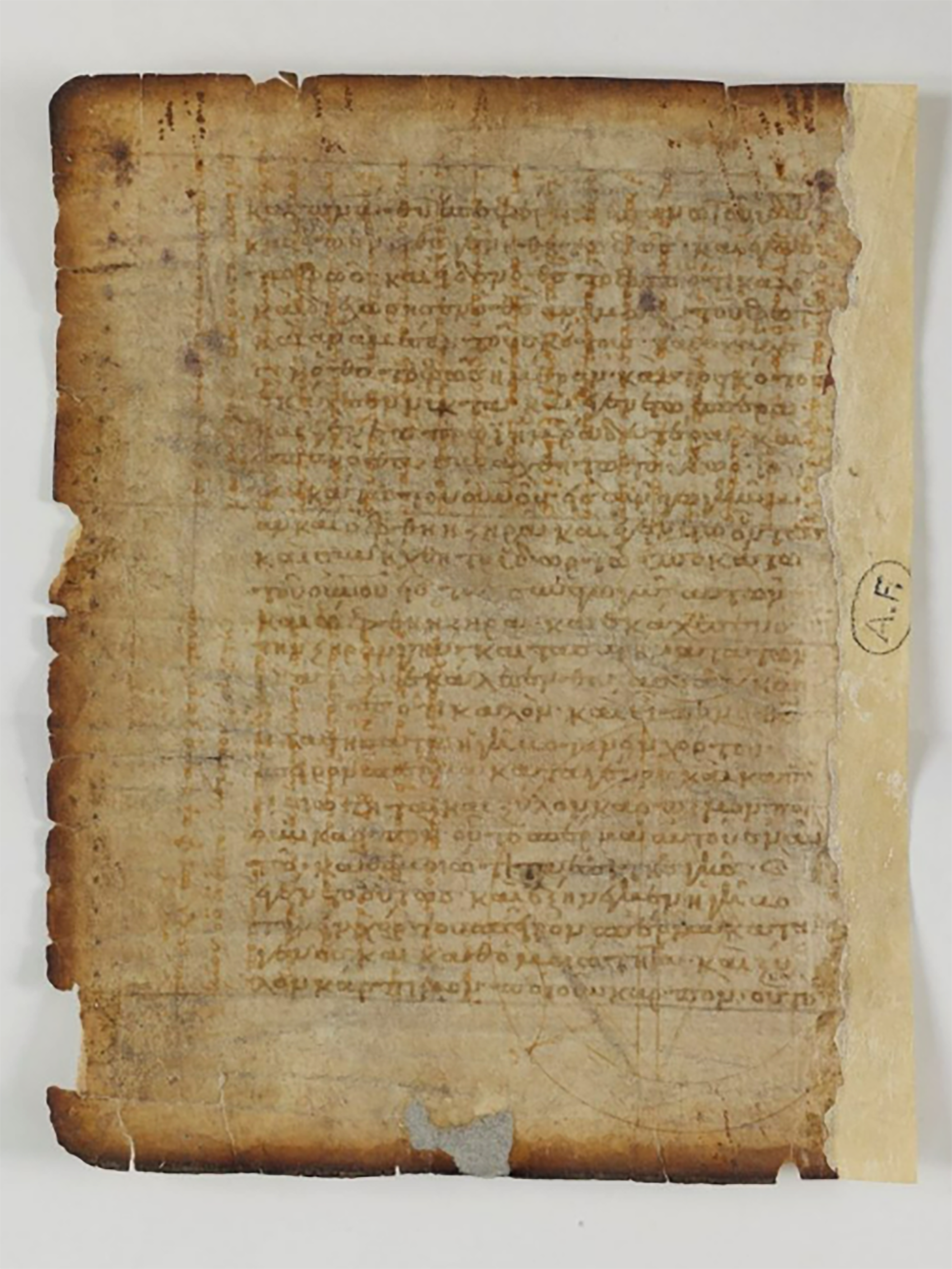 Esta hoja contiene diagramas geométricos y un fragmento del tratado de Arquímedes sobre la esfera y el cilindro, aunque permanece oculta bajo textos litúrgicos añadidos siglos después