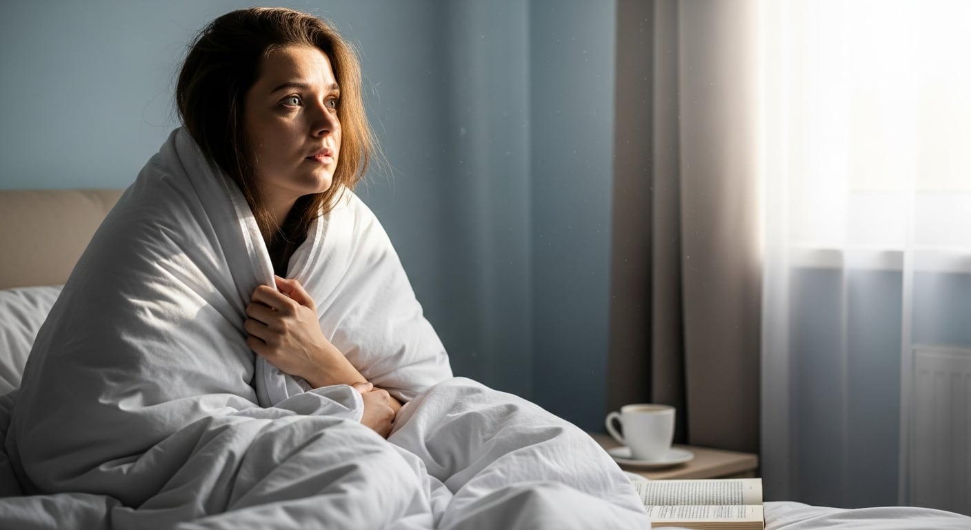 Una mujer envuelta en una manta blanca se sienta pensativa en la cama mientras la luz del sol de un día claro entra por la ventana, enfrentando la ansiedad matutina.Dormir poco o mantener rutinas de sueño irregulares aumenta el riesgo de padecer ansiedad al despertar cada mañana (Imagen Ilustrativa Infobae)