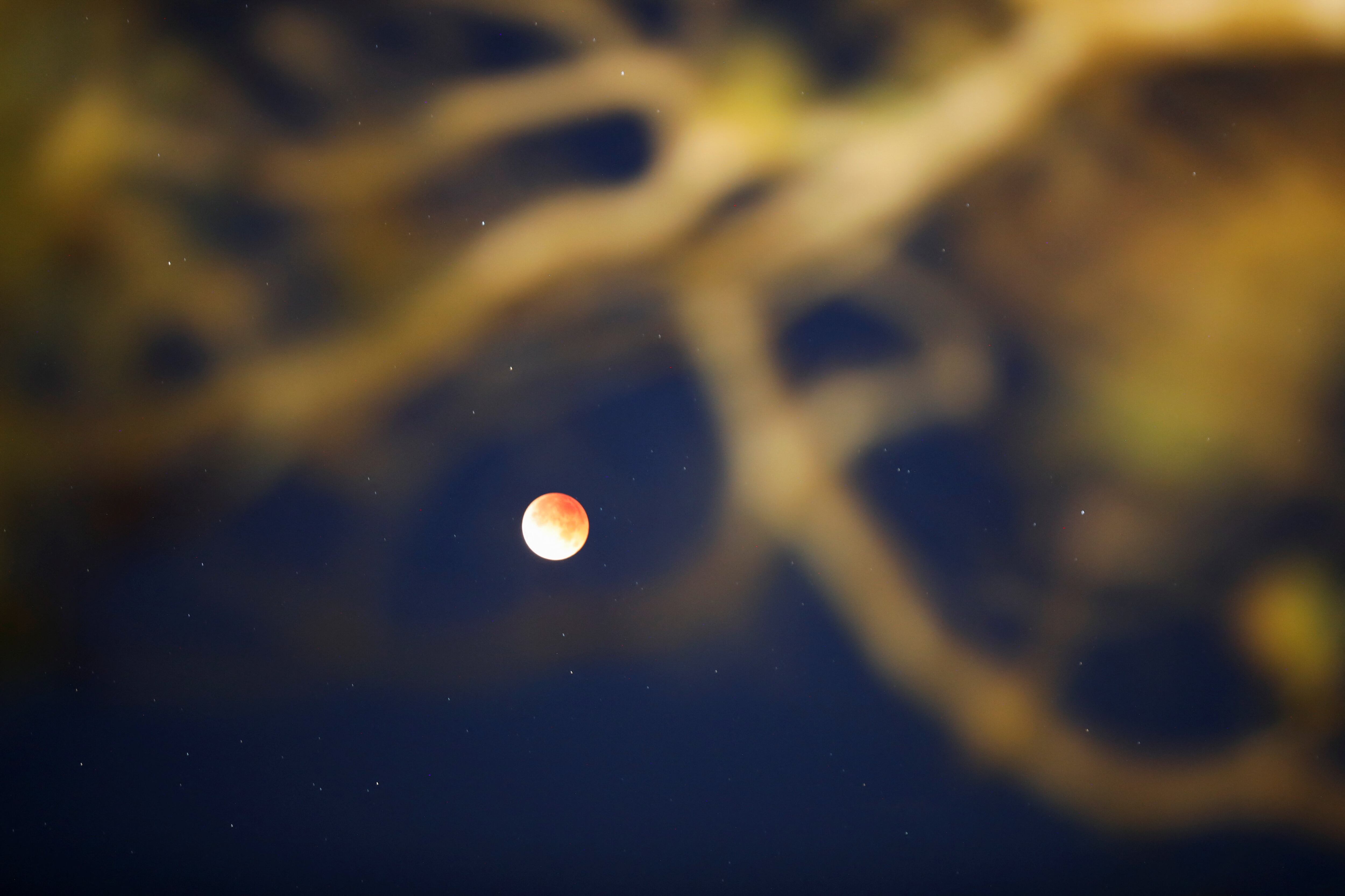 Un eclipse lunar total ocurre cuando la Tierra se posiciona entre el Sol y la Luna bloqueando la luz solar que normalmente ilumina la superficie lunar (REUTERS/Jose Cabezas)