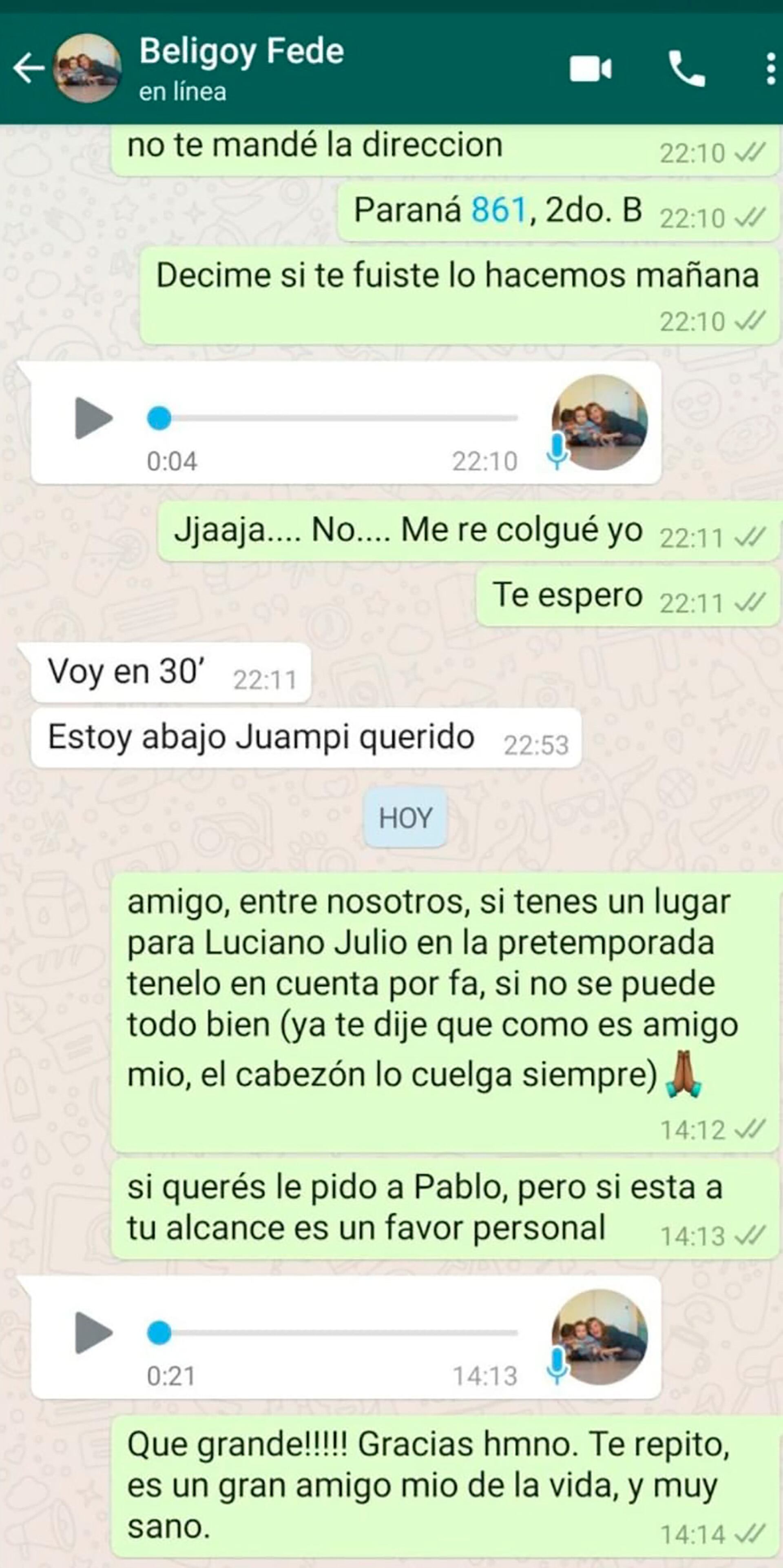 El chat que se encontró en el teléfono de Bacon (Crédito: @nicolaspizzi)