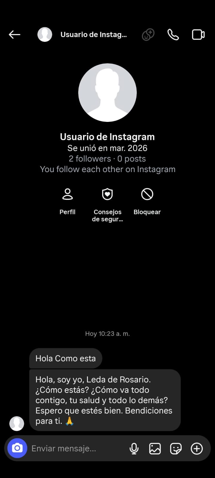 Un mensaje enviado desde una cuenta falsa a nombre de Leda
