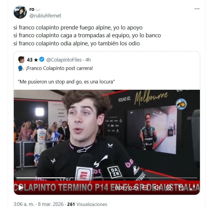 Una captura de pantalla muestra a Franco Colapinto siendo entrevistado tras el GP de Australia, donde su carrera y la sanción de 'stop and go' provocaron una fuerte reacción en redes sociales.