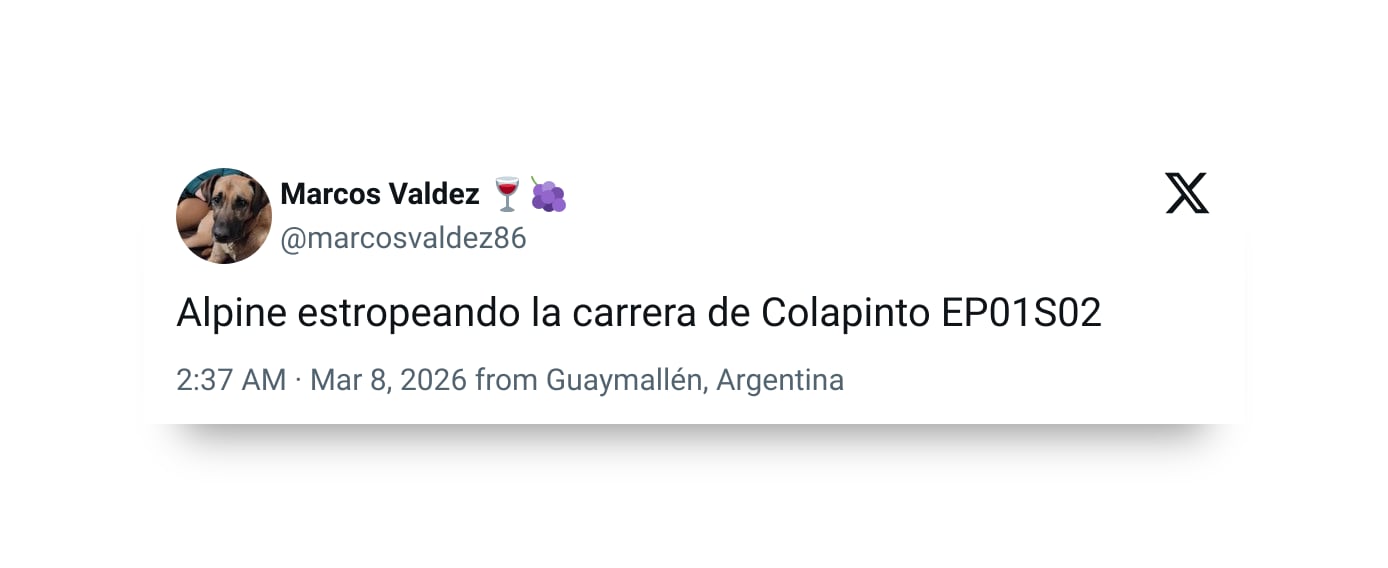 Un meme viral de la red social X, publicado por Marcos Valdez desde Guaymallén, Argentina, critica la actuación de Alpine en la carrera de Colapinto en Australia el 8 de marzo de 2026.