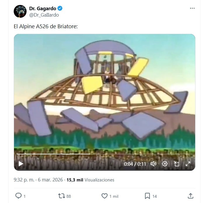 Una imagen animada de una aeronave desintegrándose, acompañada del texto 'El Alpine A526 de Briatore', se hizo viral como meme sobre la carrera de Franco Colapinto en Australia.