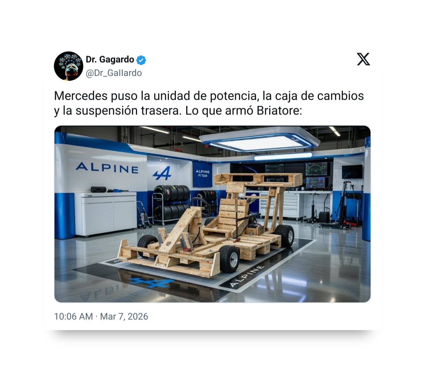 Un meme que se hizo viral en redes sociales compara el equipamiento de Mercedes con un improvisado 'coche' de pallets dentro de un garaje de Alpine, haciendo referencia a los desafíos de Colapinto en Australia.