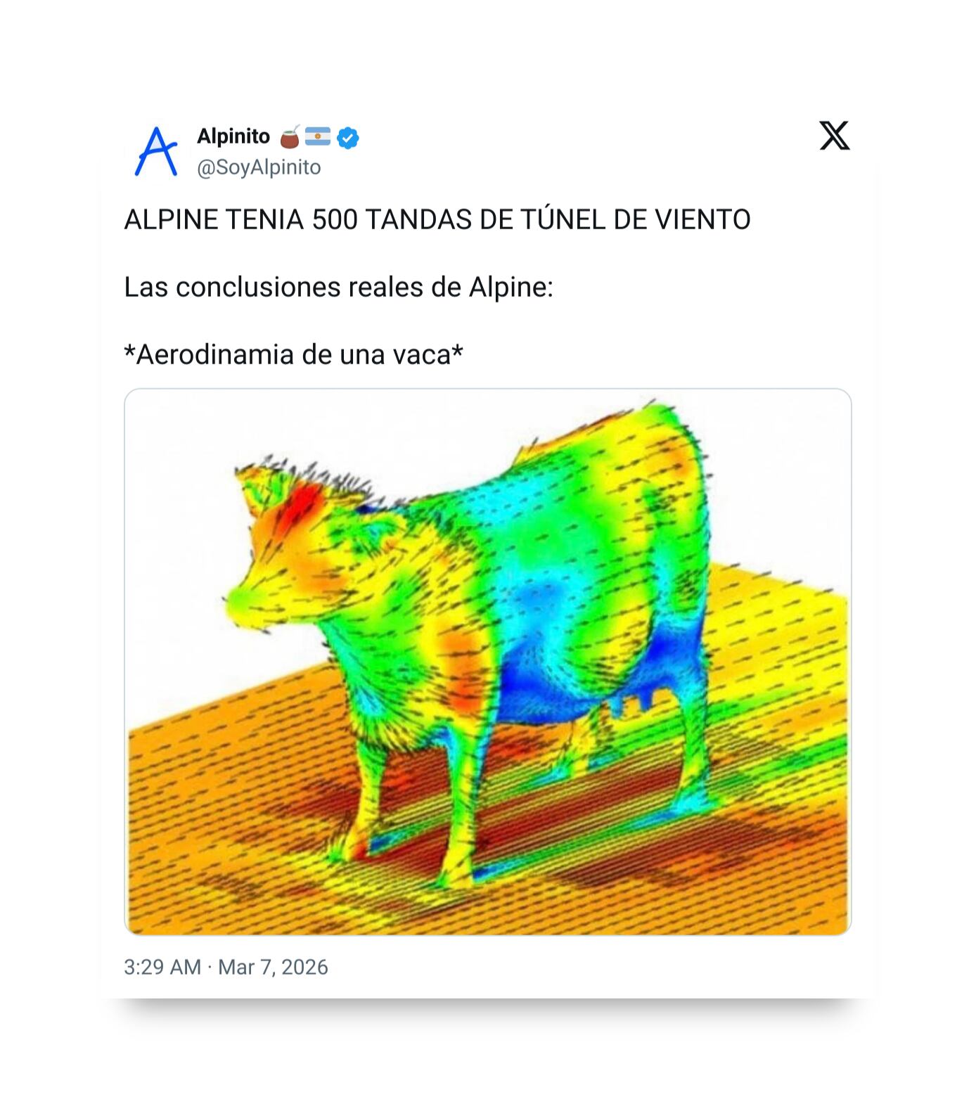 Un meme viral en redes sociales compara la deficiente aerodinámica del equipo Alpine con la de una vaca, reflejando las críticas y el humor de los aficionados tras la carrera de Franco Colapinto en Australia.