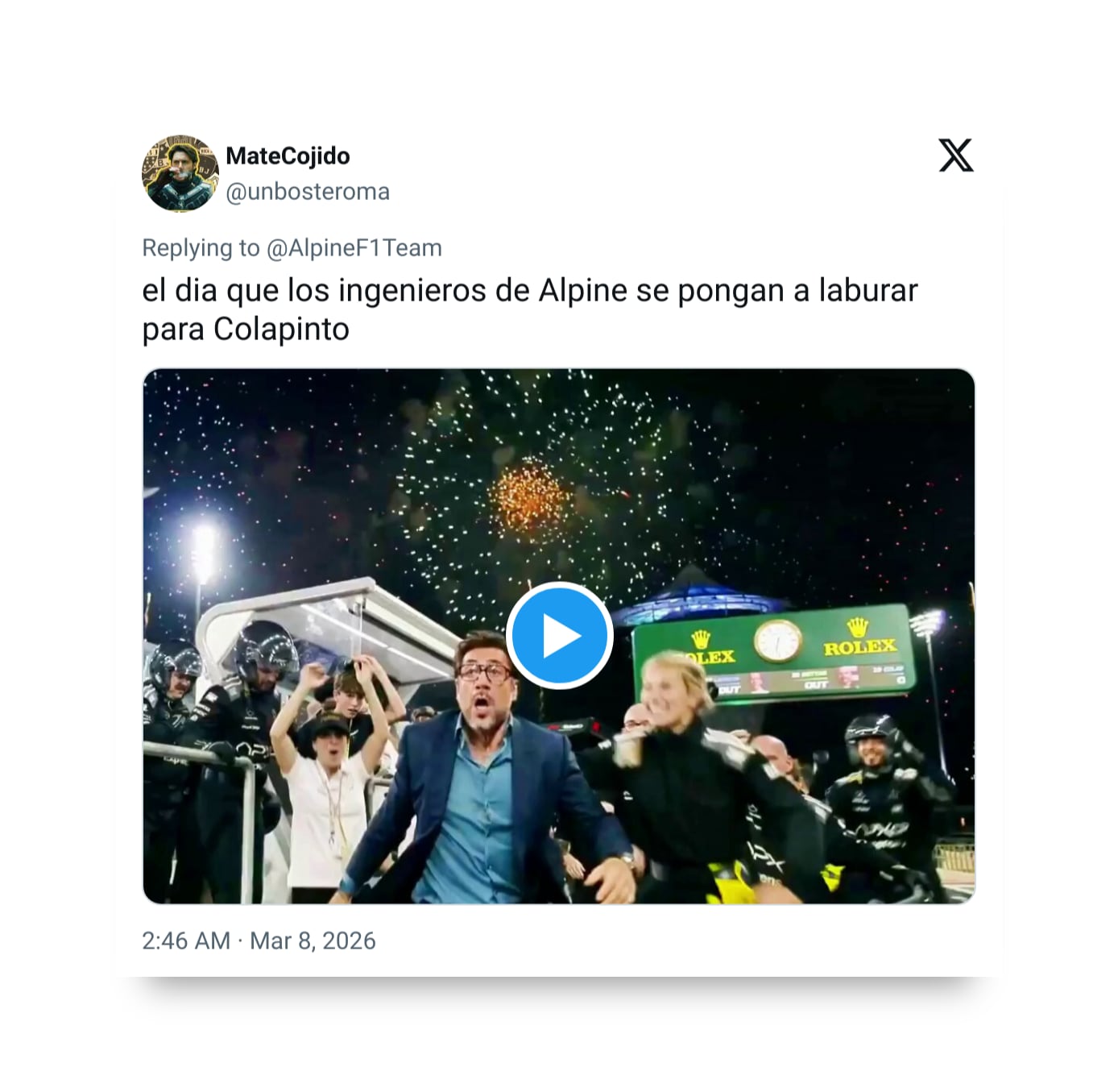 Esta imagen, parte de los memes virales, muestra la euforia colectiva y los fuegos artificiales celebrando un momento de triunfo, en alusión a la carrera de Colapinto en Australia y los ingenieros de Alpine.