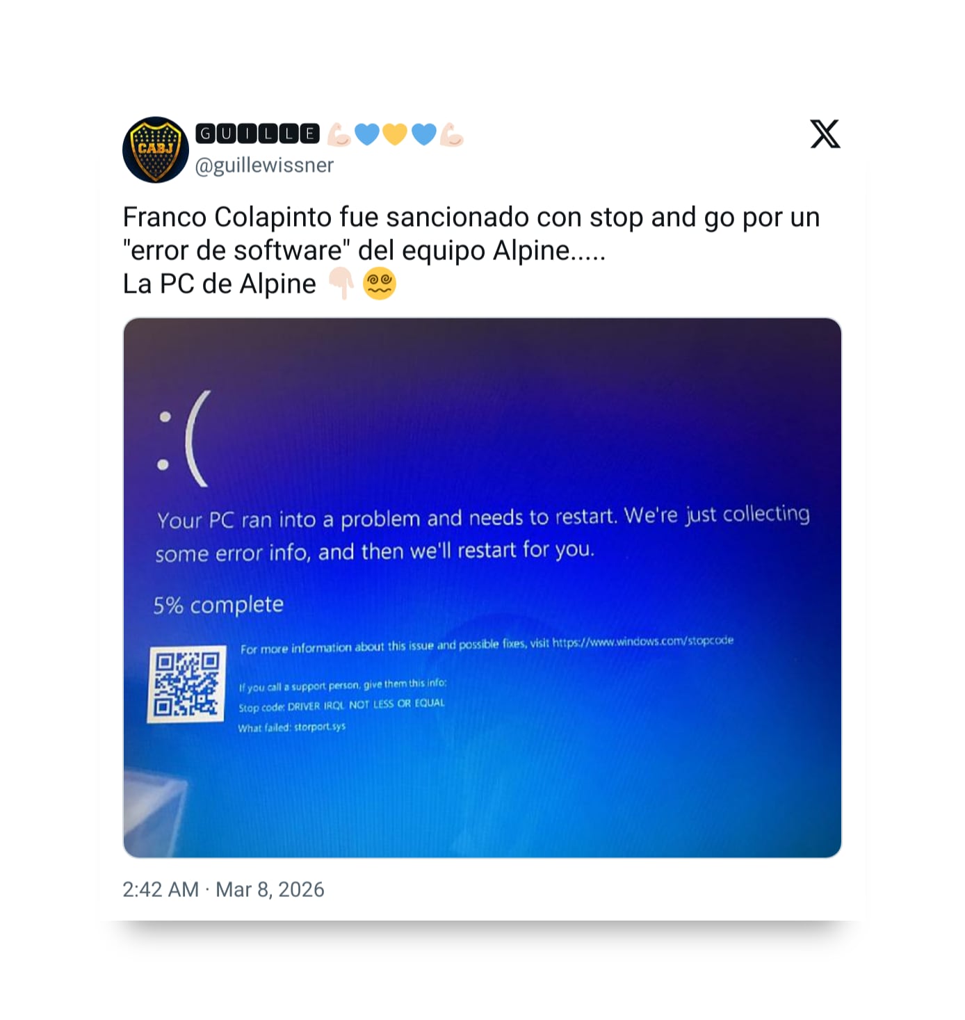 Un meme compara el error de software que llevó a la sanción de Franco Colapinto con la icónica pantalla azul de error de Windows, reflejando el sentir de los fans.