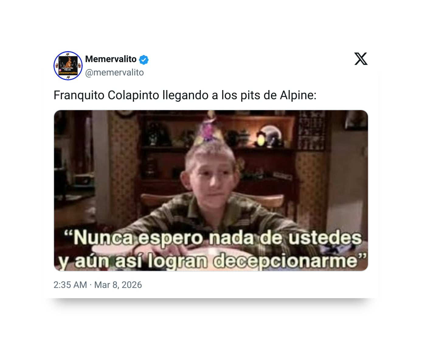 Un meme viral captura la frustración de los fans tras la carrera de Franco Colapinto en Australia, haciendo alusión a la decepción con la escudería Alpine.