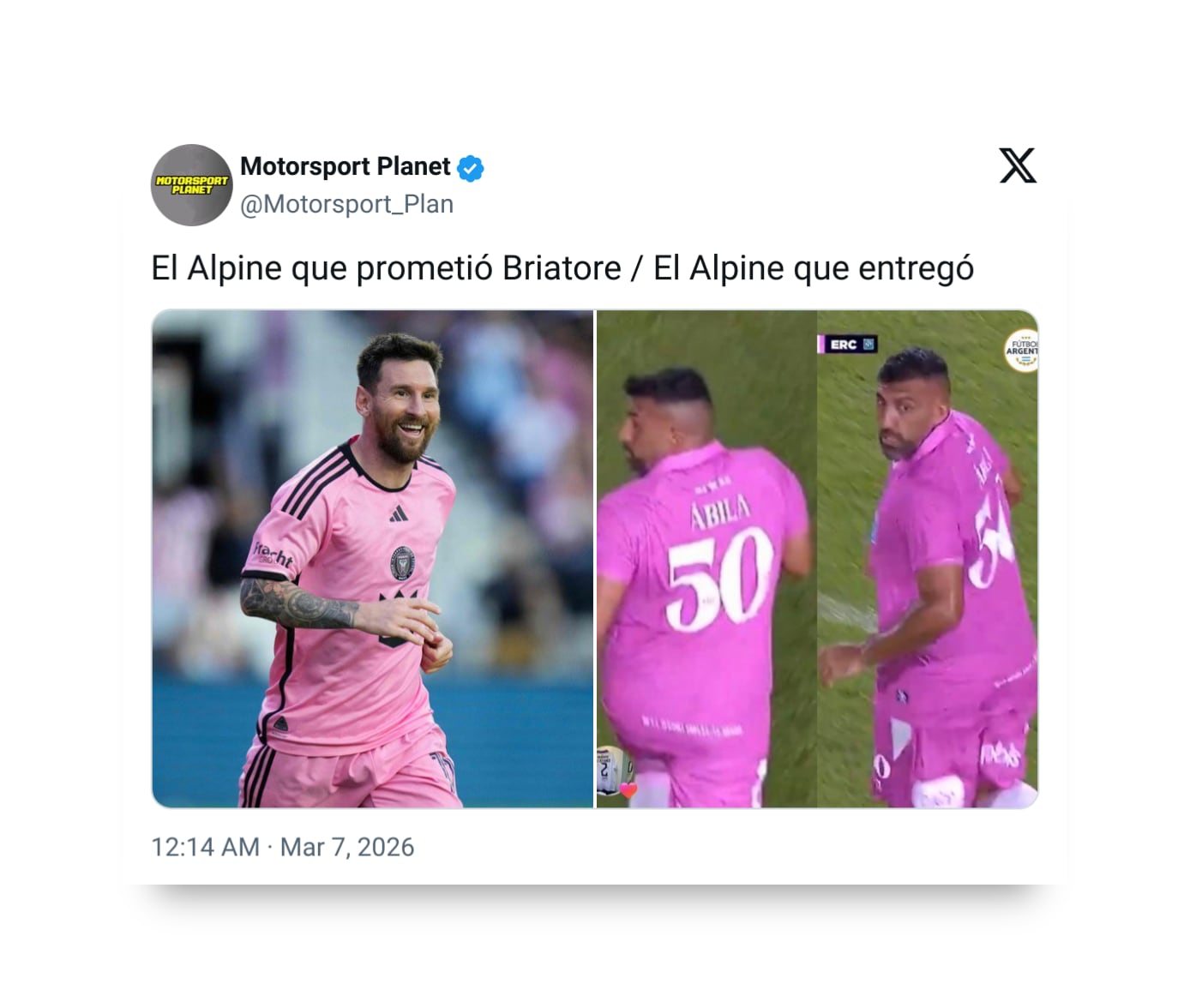 Un meme popular utiliza la comparación entre Lionel Messi y Ramón Ábila para ilustrar la expectativa versus la realidad de la actuación de Franco Colapinto y Alpine en el Gran Premio de Australia.