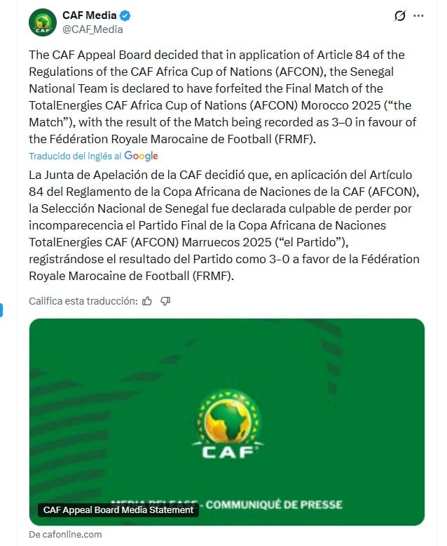 El comunicado de la CAF sobre la final entre Senegal y Marruecos