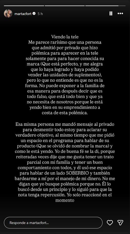 El descargo de Marta luego del enfrentamiento con su primo (Instagram)