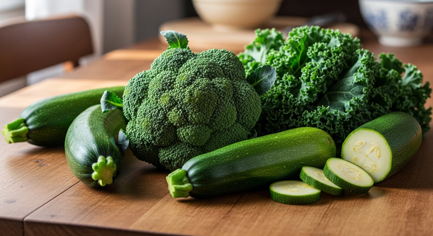 Una selección de verduras frescas que incluye brócoli, kale y calabacines, dispuestas sobre una mesa de madera. Estos vegetales, conocidos por sus altos valores nutricionales, fomentan el consumo de alimentos saludables y naturales en la dieta diaria. (Imagen Ilustrativa Infobae)