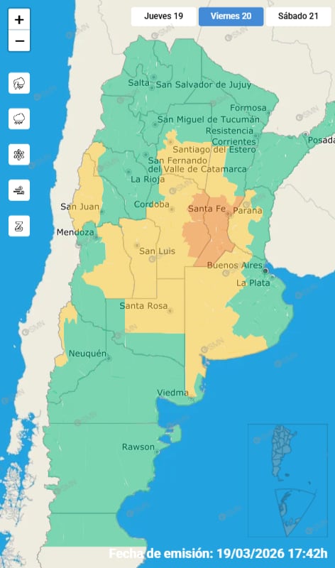 El mapa de alertas meteorológicas muestra advertencias de nivel naranja y amarillo en el centro y litoral del país