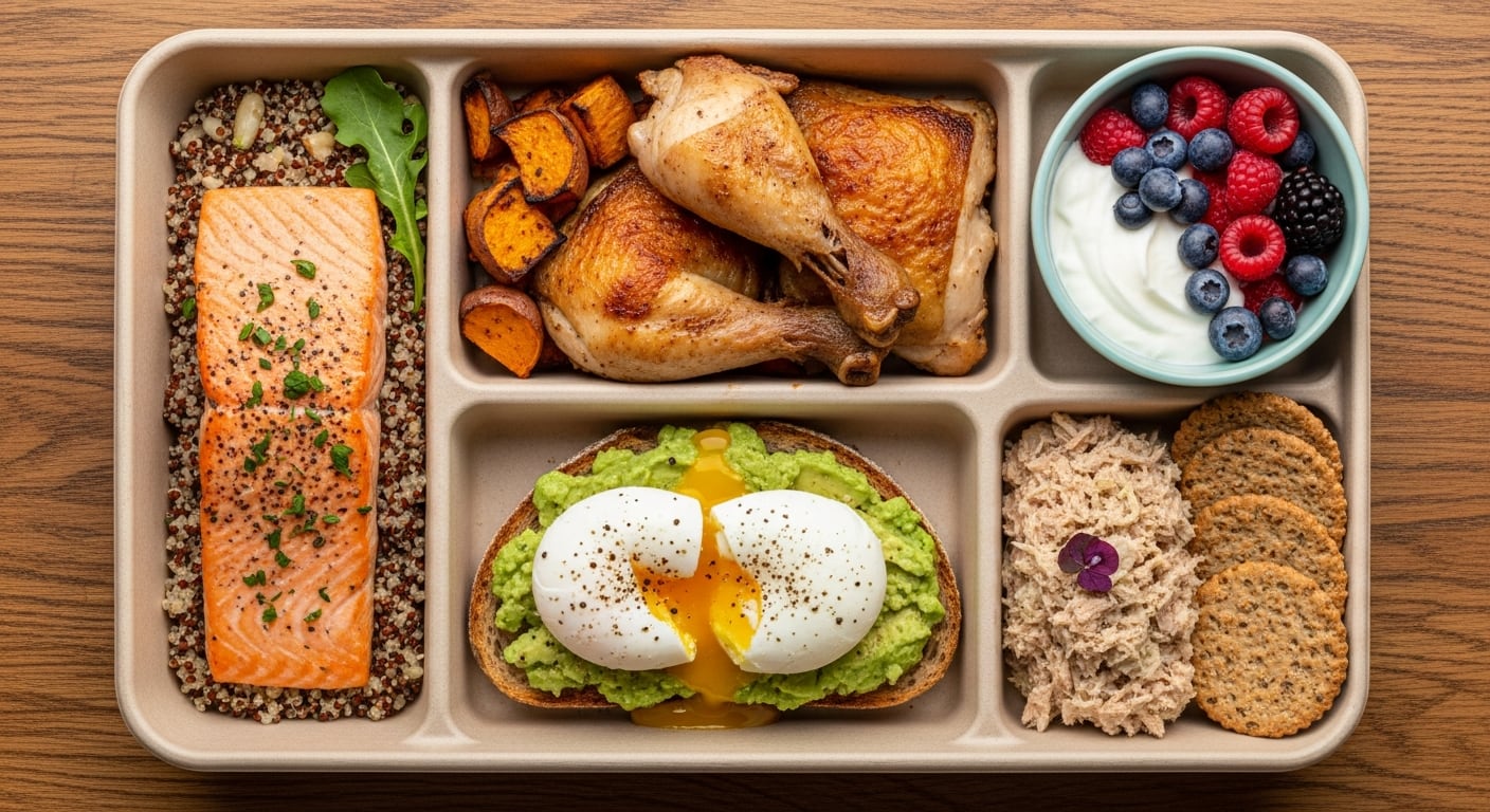 Los alimentos recomendados tras el entrenamiento incluyen pollo, huevo, yogur griego, salmón y smoothies de proteínas por su alto valor nutricional (Imagen Ilustrativa Infobae)