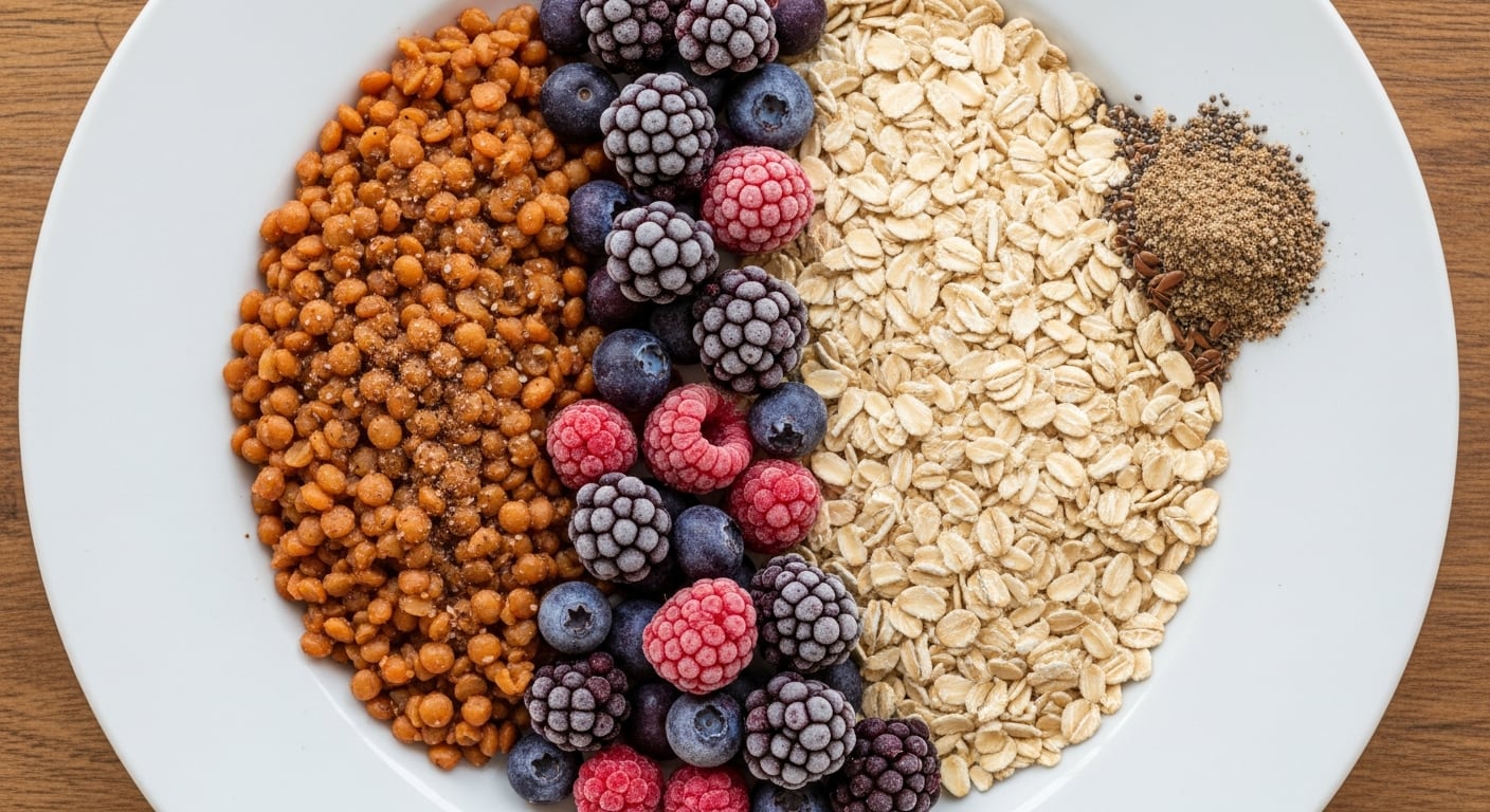 Legumbres, avena, frutos rojos, semillas y alimentos integrales conforman una combinación clave para alcanzar un adecuado consumo diario de fibra y favorecer la salud intestinal (Imagen Ilustrativa Infobae)