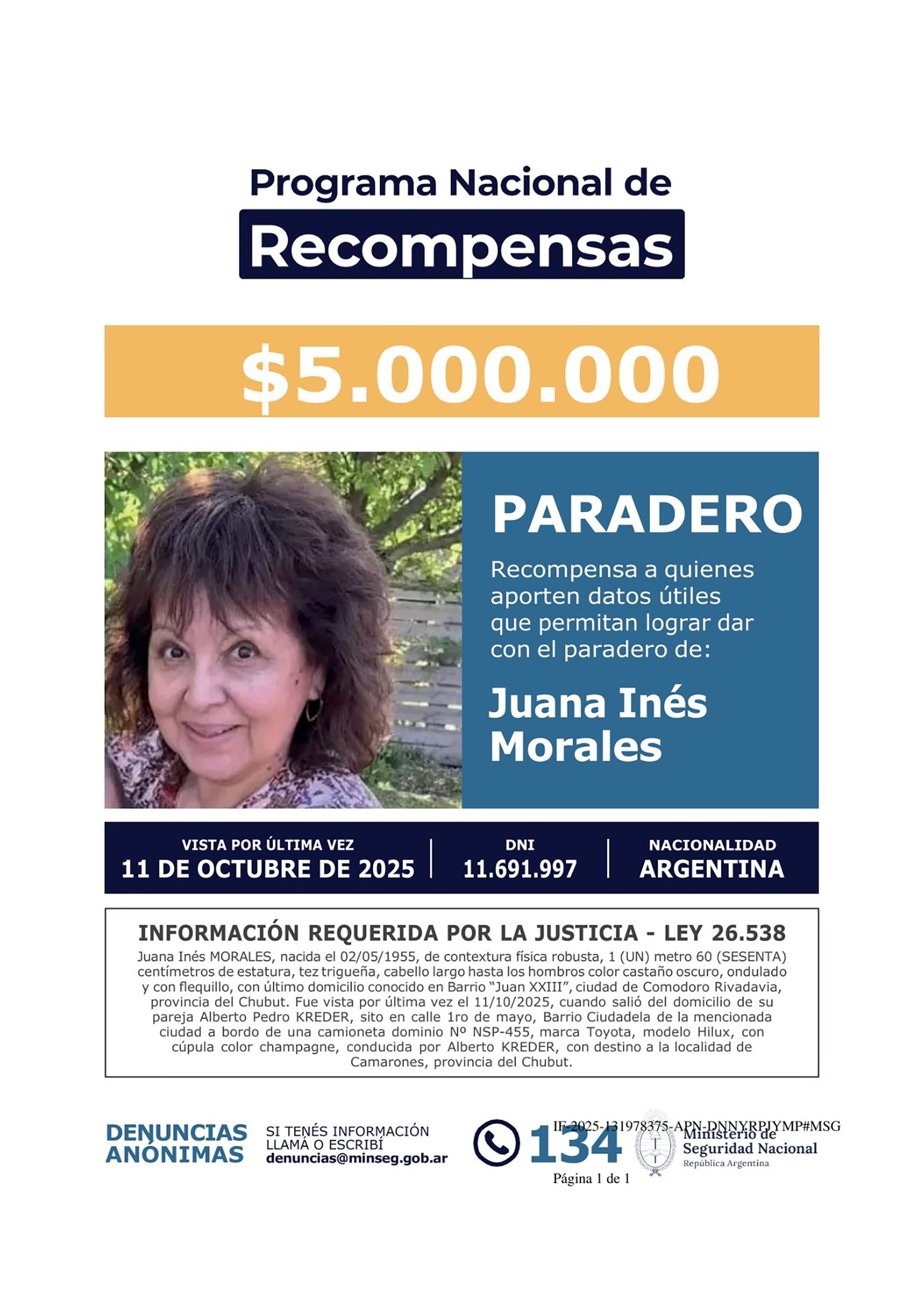 El gobierno nacional ofrece una recompensa de 5 millones de pesos para quien aporte datos que permitan hallar a los jubilados