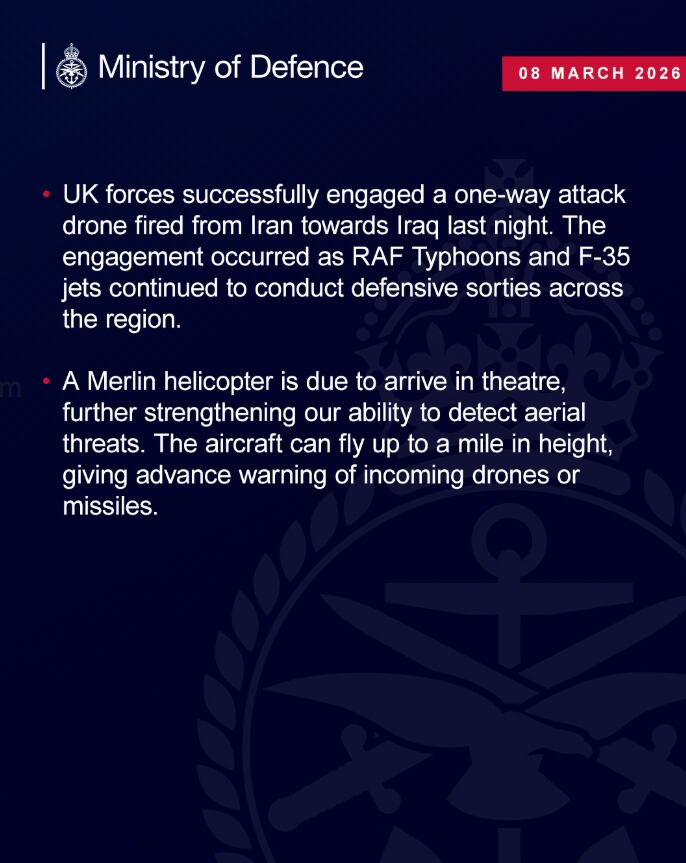 El comunicado del Ministerio de Defensa del Reino Unido informando sobre la intercepción de un dron de Irán a Irak (Ministerio de Defensa de Reino Unido)