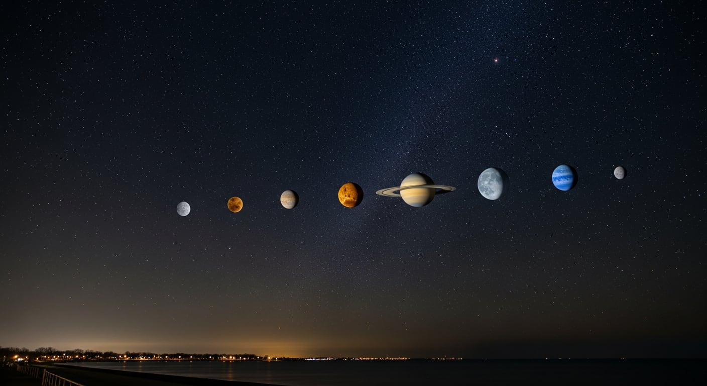 Seis planetas y la Luna coincidirán en el cielo la noche del 28 de febrero de 2026, un fenómeno que la NASA confirma que no se repetirá hasta 2040 (Imagen Ilustrativa Infobae)