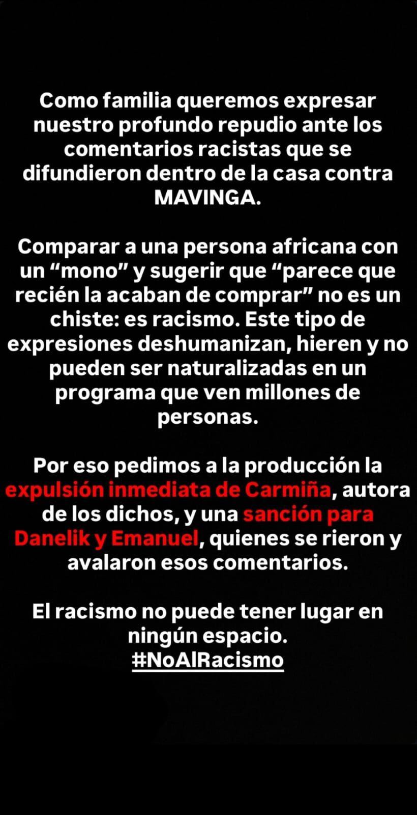Comunicado en redes sociales de la familia de Mavinga, la participante discriminada
