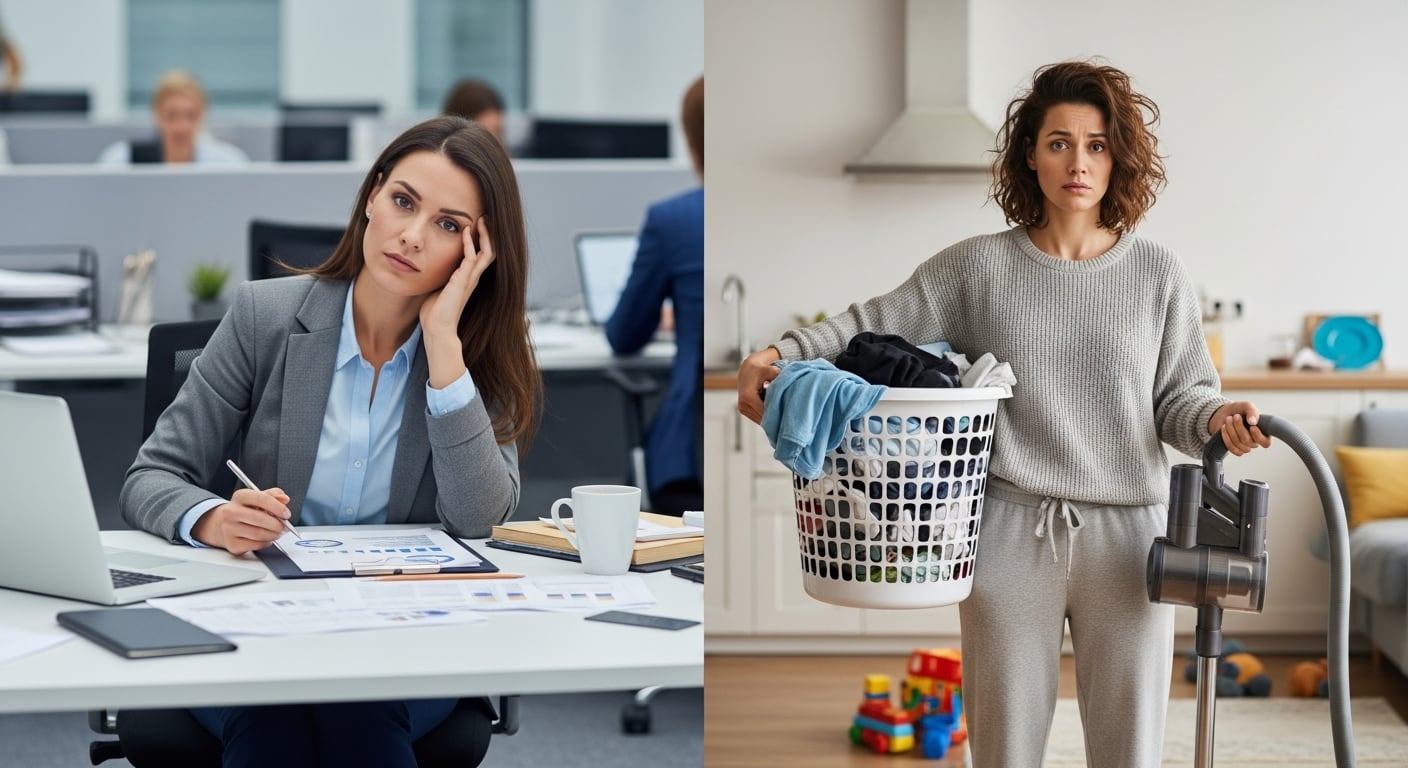 Una madre muestra el cansancio al combinar responsabilidades laborales y domésticas en su día a día. (Imagen Ilustrativa Infobae)