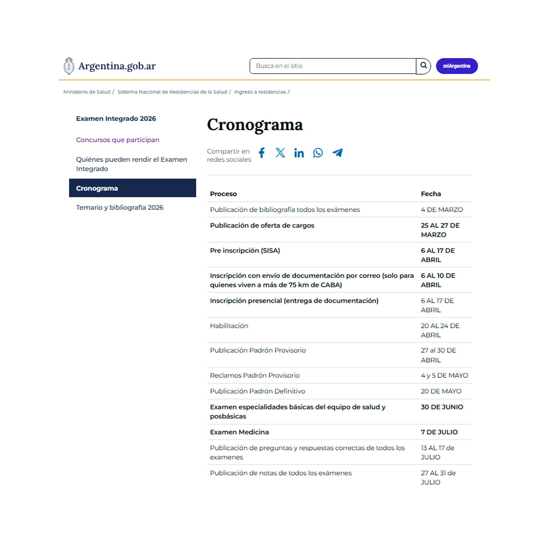 Inscripción para el Examen Integrado 2026 publicado en la plataforma oficial Argentina.gob.ar.
