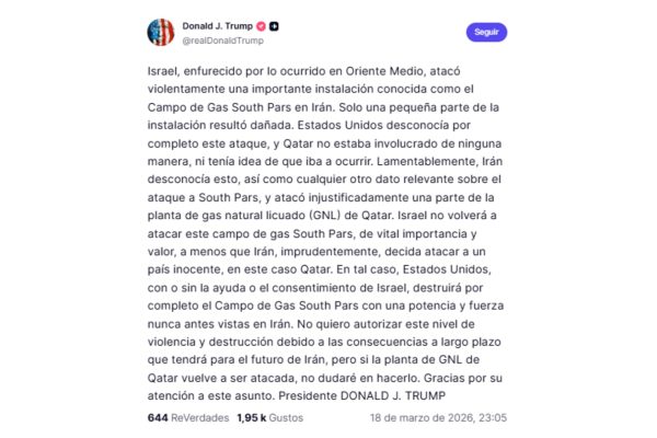 Trump advirtió que Estados Unidos “destruirá” el yacimiento de gas de South Pars si el régimen de Irán vuelve a atacar a Qatar