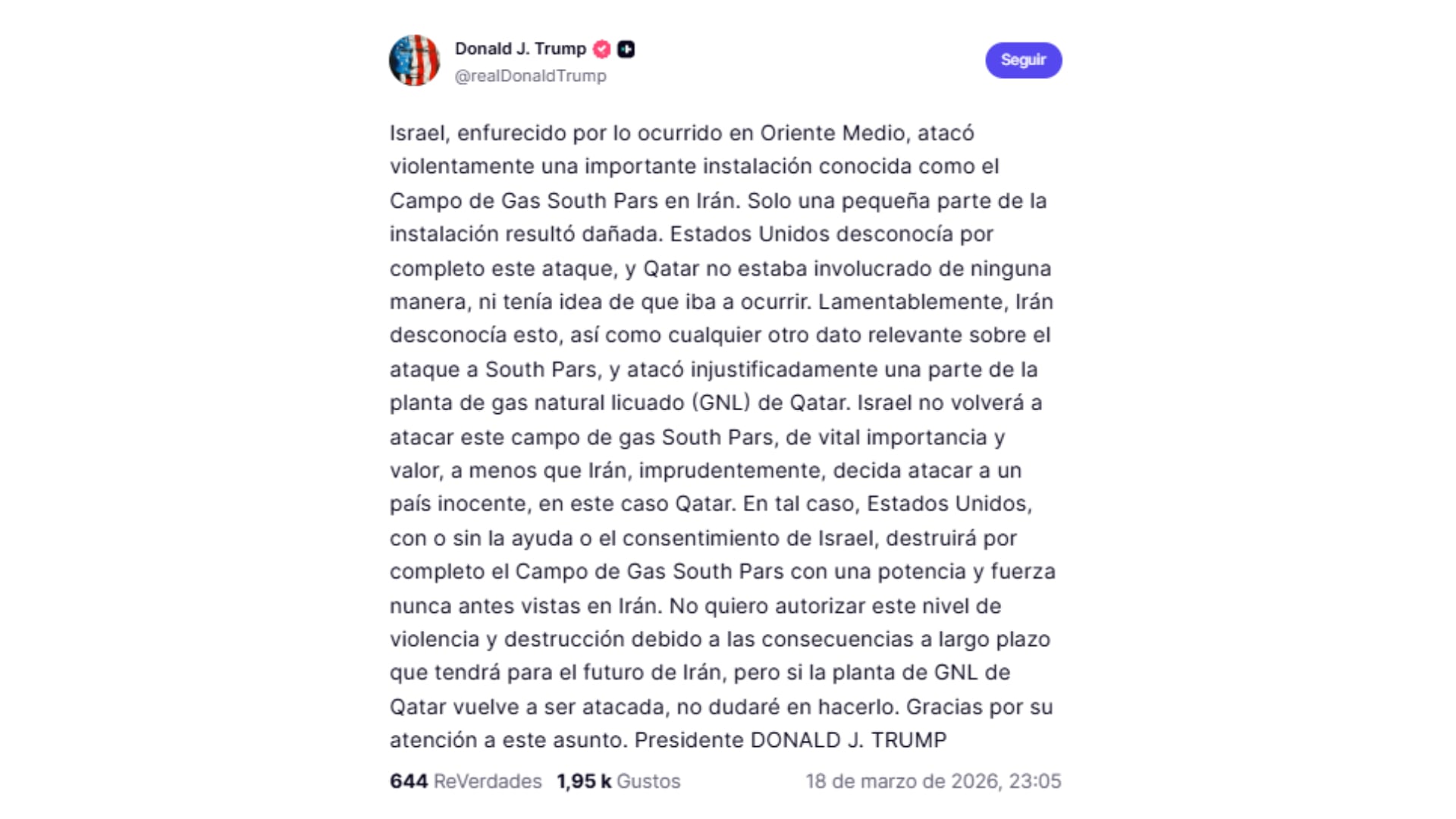 Trump advirtió que Estados Unidos “destruirá” el yacimiento de gas de South Pars si el régimen de Irán vuelve a atacar a Qatar