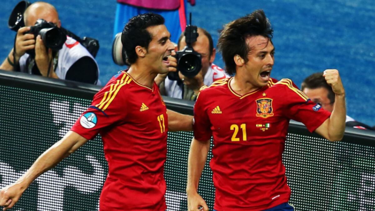 David Silva celebra el gol en la final de la Eurocopa 2012 que enfrentó a España y a Italia