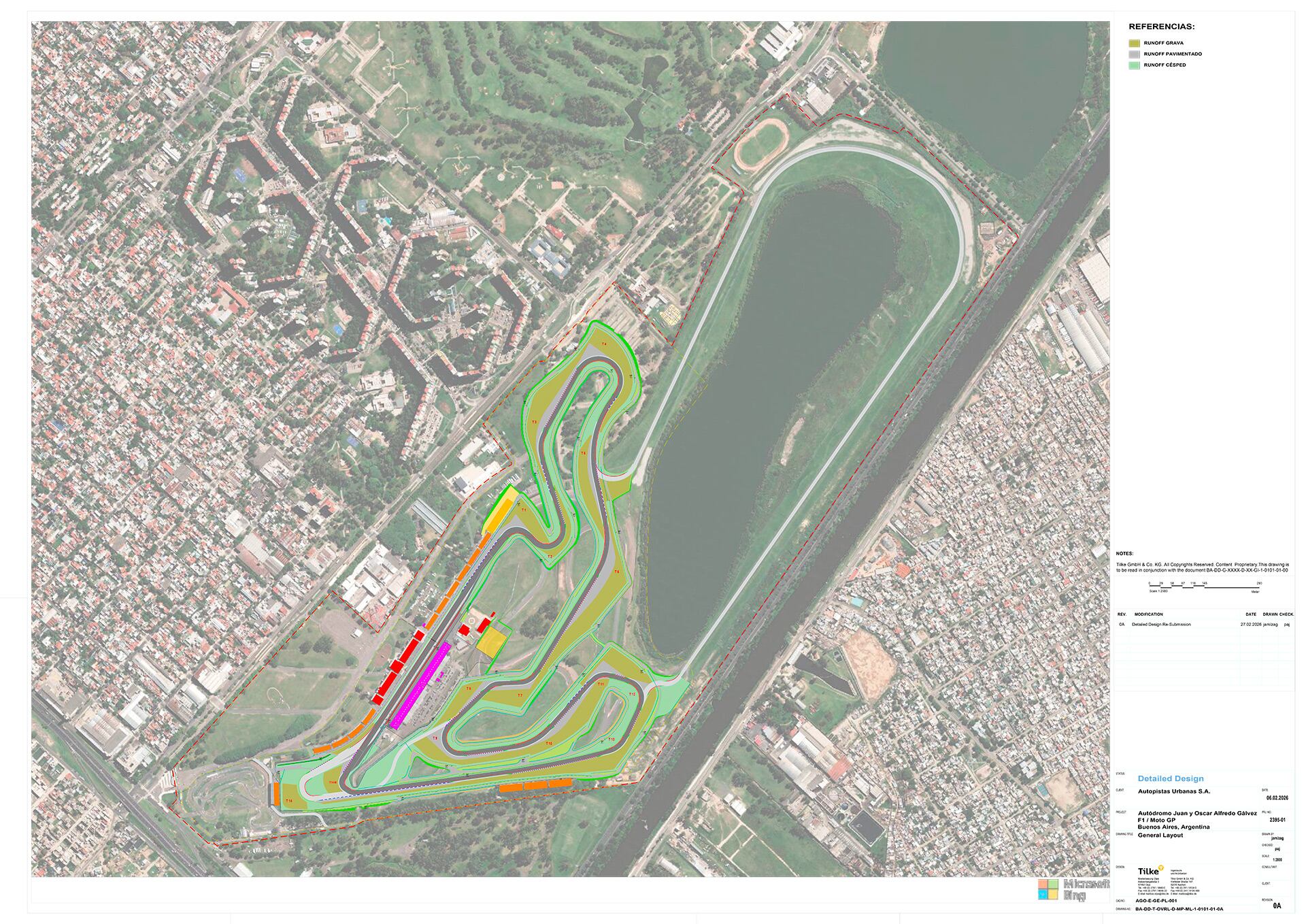 Se presenta el nuevo trazado del circuito para el MotoGP en el Autódromo Juan y Oscar Alfredo Gálvez de Buenos Aires, destacando las zonas de escape y pits