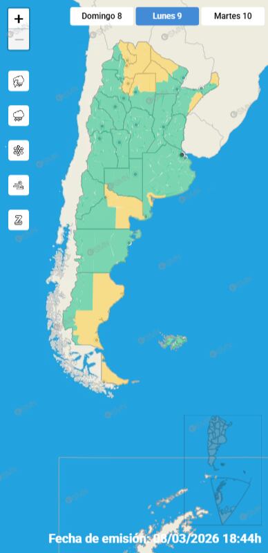 Mapa de alertas por lluvias del Servicio Meteorológica Nacional