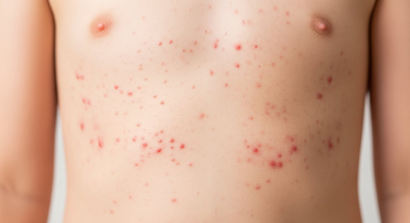 Una vista de cerca muestra el sarpullido rojizo característico del sarampión en el torso de un niño, un síntoma clave de esta enfermedad altamente contagiosa. (Imagen Ilustrativa Infobae)