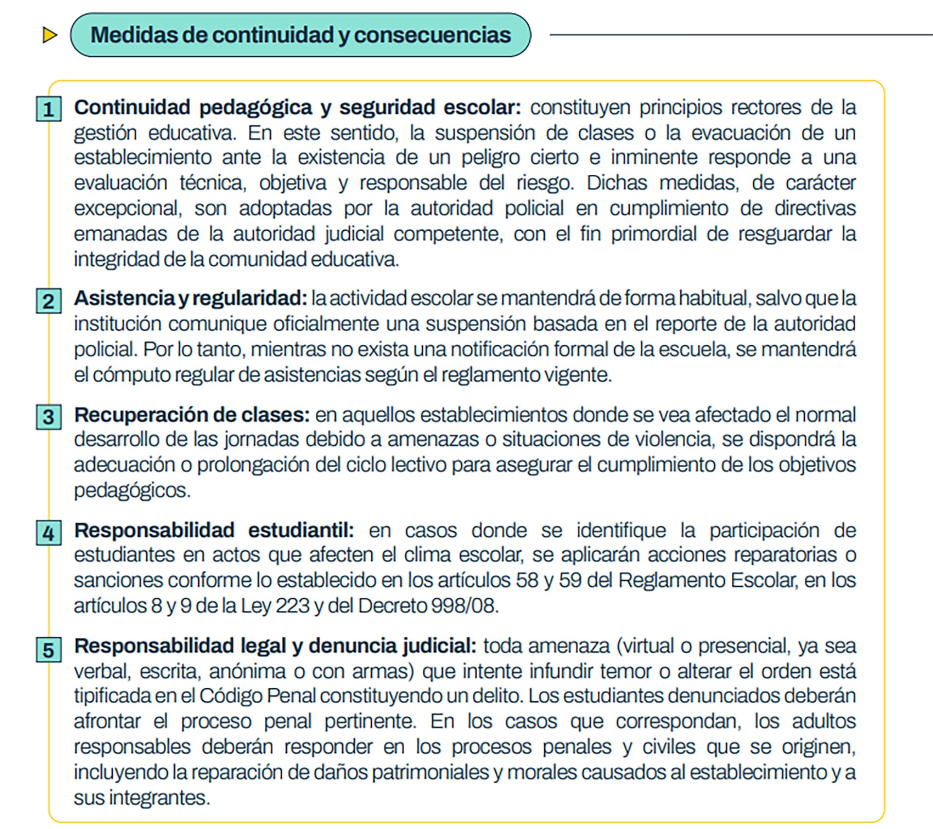 El documento presenta las nuevas pautas de continuidad pedagógica ante las amenazas