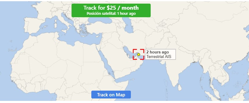 El sistema de seguimiento marítimo ubica al portacontenedores MSC Francesca anclado en el Estrecho de Ormuz tras el incidente. Tomado de www.vesselfinder.com