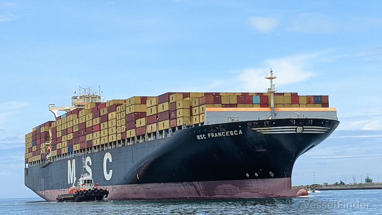 El portacontenedores MSC Francesca, con bandera de Panamá, fue alcanzado por disparos, aunque no reportó daños ni heridos en su tripulación. Tomada de www.vesselfinder.com