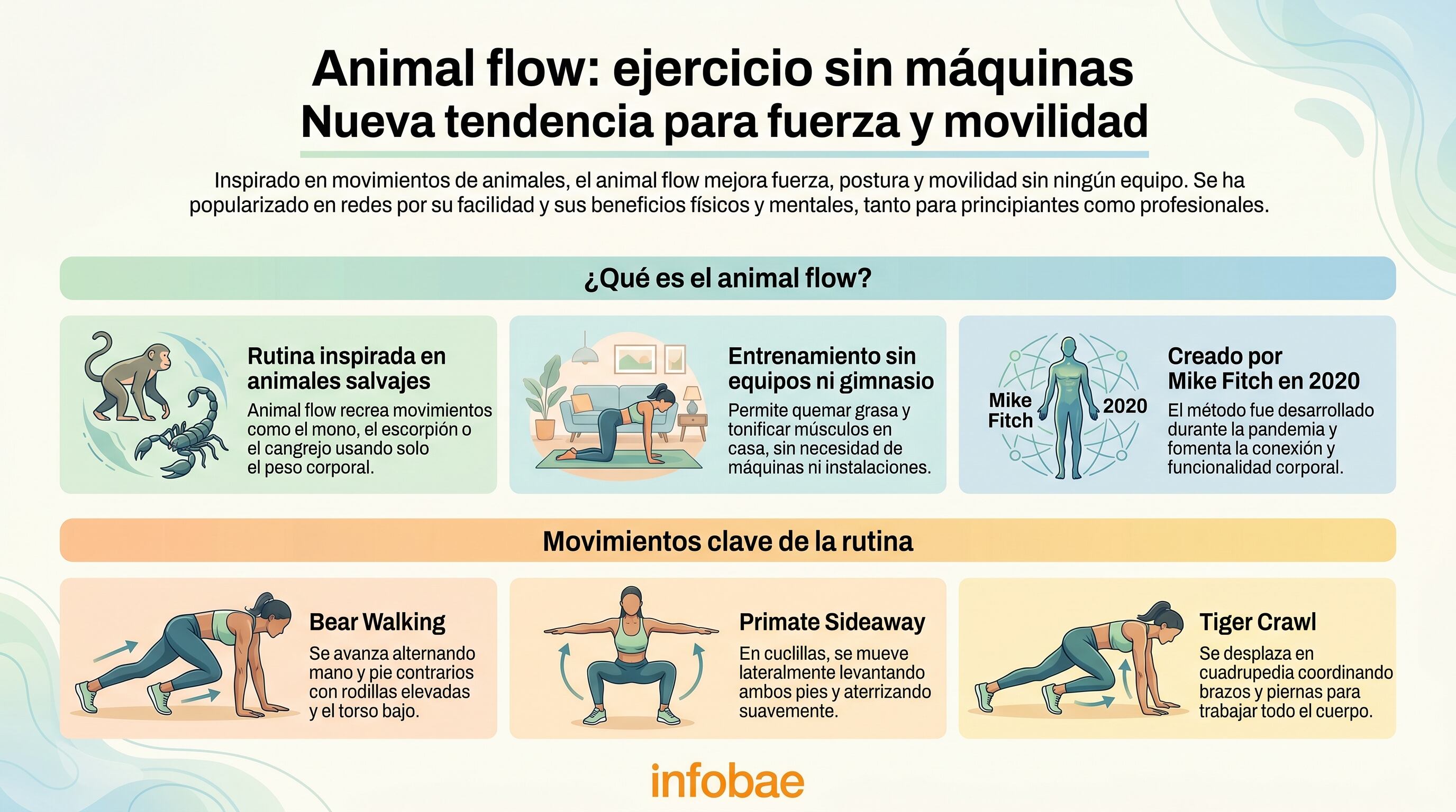 Una infografía presenta los fundamentos del Animal Flow, un entrenamiento funcional sin máquinas inspirado en movimientos animales, destacando sus beneficios y ejercicios clave como el Bear Walking y el Tiger Crawl. (Imagen Ilustrativa Infobae)